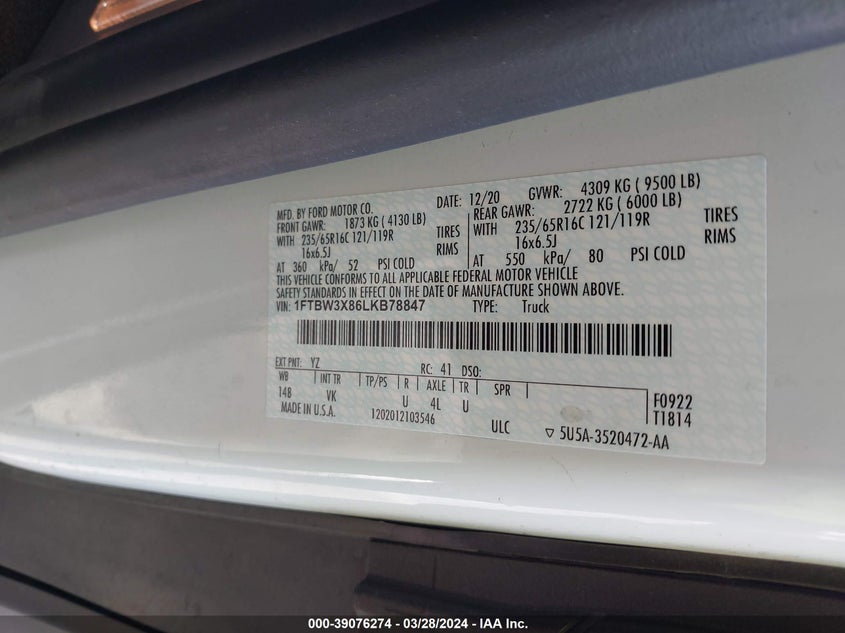 VIN 1FTBW3X86LKB78847 2020 FORD TRANSIT-350 CARGO VAN