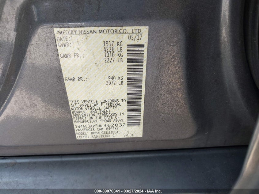 VIN 1N4AL3AP5HN362032 2017 NISSAN ALTIMA 2.5 S
