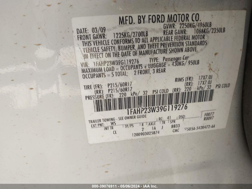 1FAHP23W39G119276 2009 Ford Taurus Se