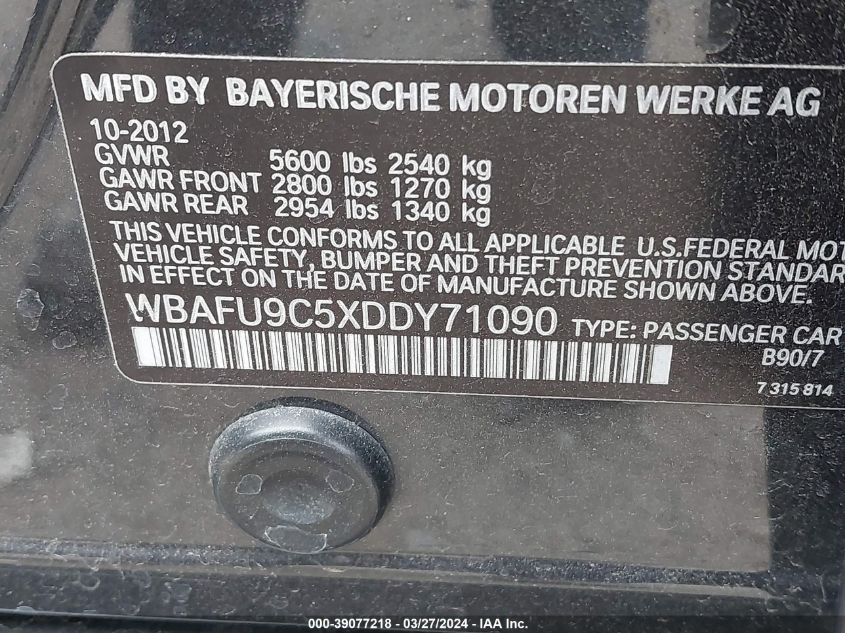 2013 BMW 550I xDrive VIN: WBAFU9C5XDDY71090 Lot: 39435293