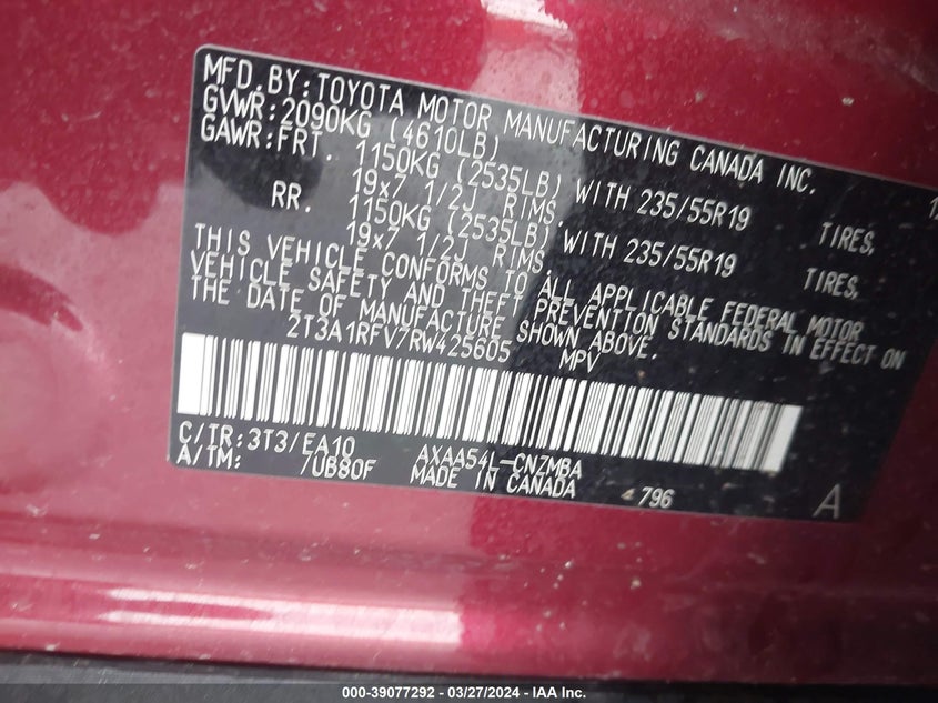 VIN 2T3A1RFV7RW425605 2024 TOYOTA RAV4 XLE PREMIUM