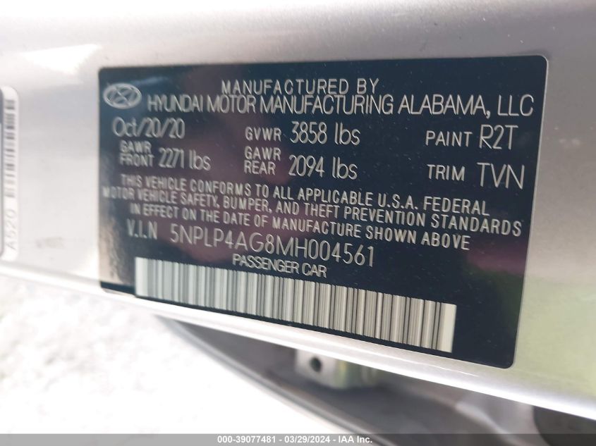 2021 Hyundai Elantra Limited VIN: 5NPLP4AG8MH004561 Lot: 39077481