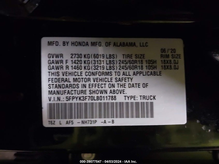 2020 HONDA RIDGELINE RTL-E - 5FPYK3F70LB011788