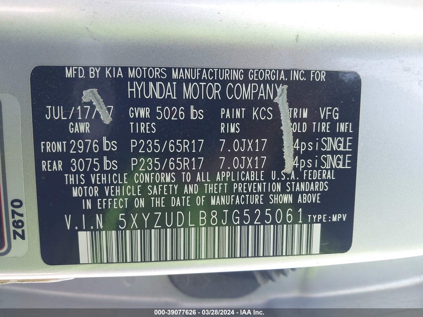 VIN 5XYZUDLB8JG525061 2018 HYUNDAI SANTA FE SPORT 2.4L