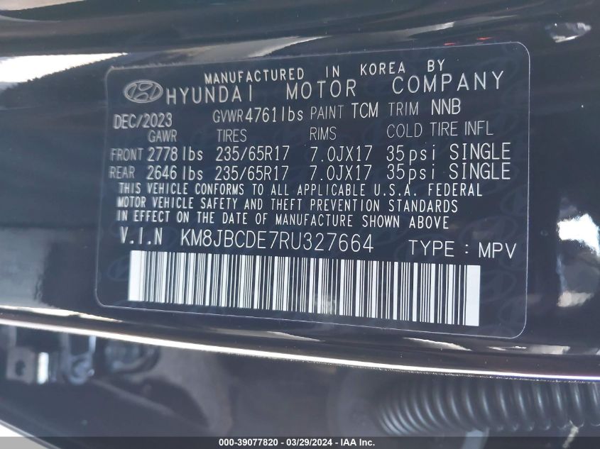 2024 Hyundai Tucson Sel VIN: KM8JBCDE7RU327664 Lot: 39077820