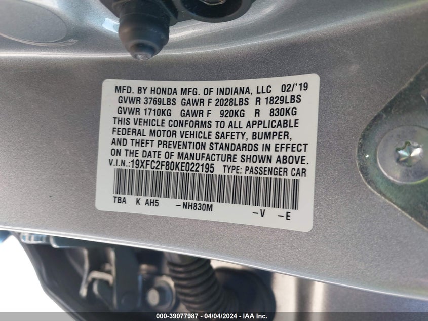 VIN 19XFC2F80KE022195 2019 HONDA CIVIC SPORT