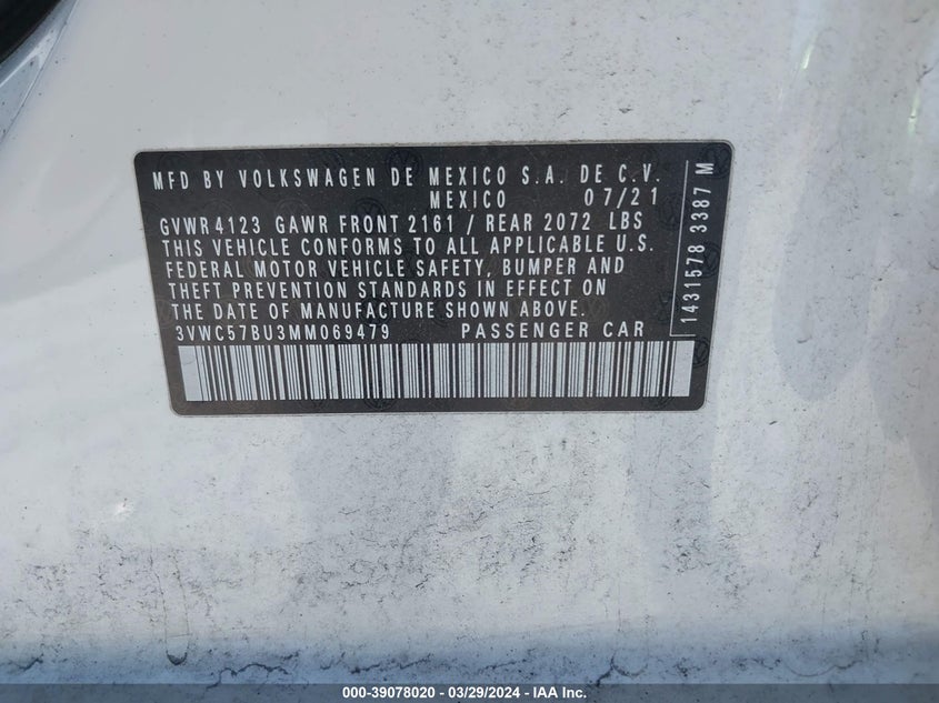 VIN 3VWC57BU3MM069479 2021 VOLKSWAGEN JETTA 1.4T R-LINE/1.4T S/1.4T SE
