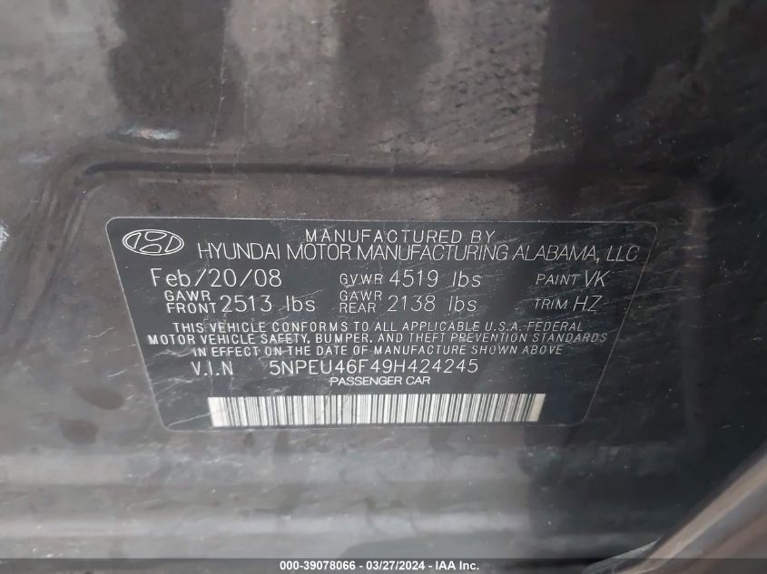 5NPEU46F49H424245 | 2009 HYUNDAI SONATA