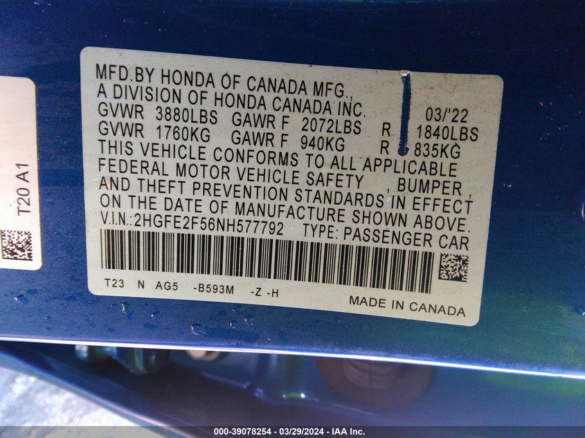2022 HONDA CIVIC 2.0L I-4 DI, DOHC, V(VIN: 2HGFE2F56NH577792