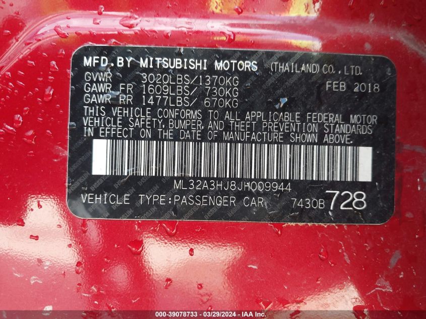 ML32A3HJ8JH009944 2018 Mitsubishi Mirage Es