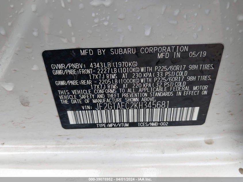 VIN JF2GTAEC2KH345681 2019 SUBARU CROSSTREK 2.0I PREMIUM