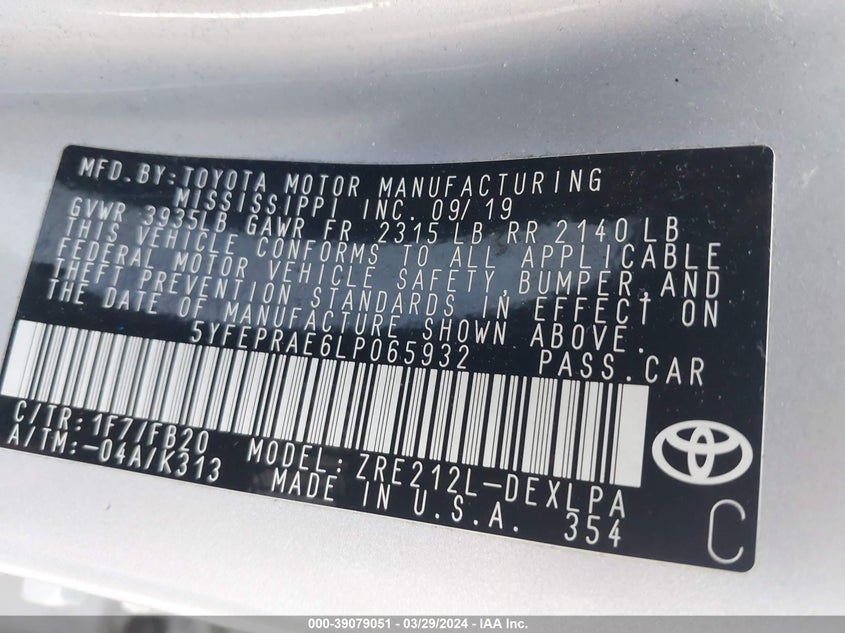 VIN 5YFEPRAE6LP065932 2020 TOYOTA COROLLA LE