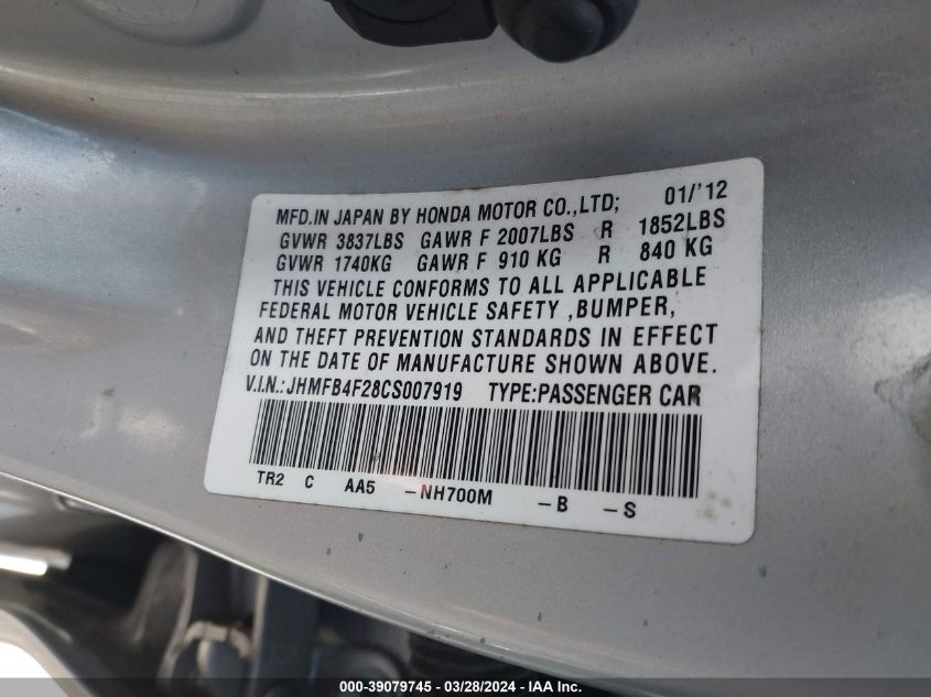 JHMFB4F28CS007919 | 2012 HONDA CIVIC HYBRID