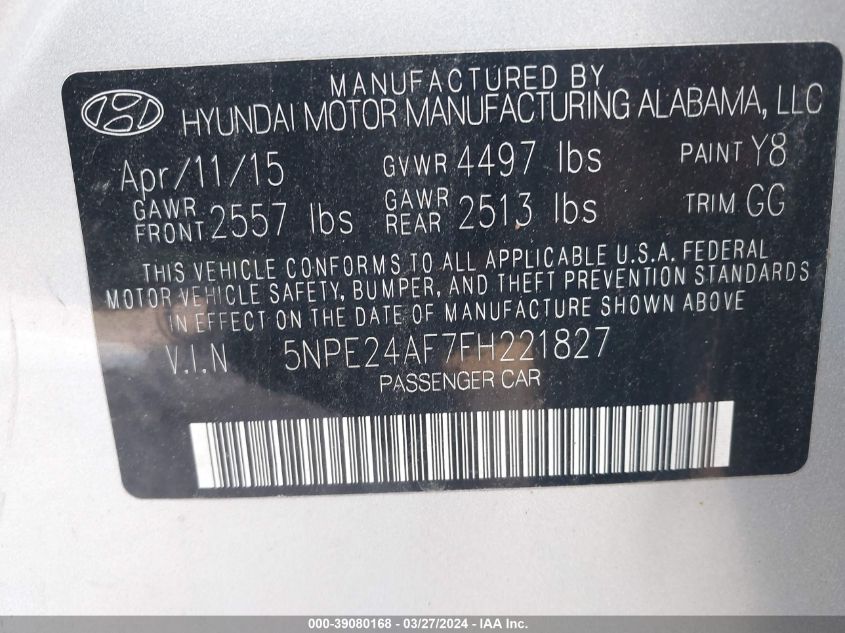 5NPE24AF7FH221827 | 2015 HYUNDAI SONATA