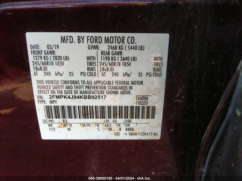 VIN 2FMPK4J94KBB92517 2019 FORD EDGE SEL