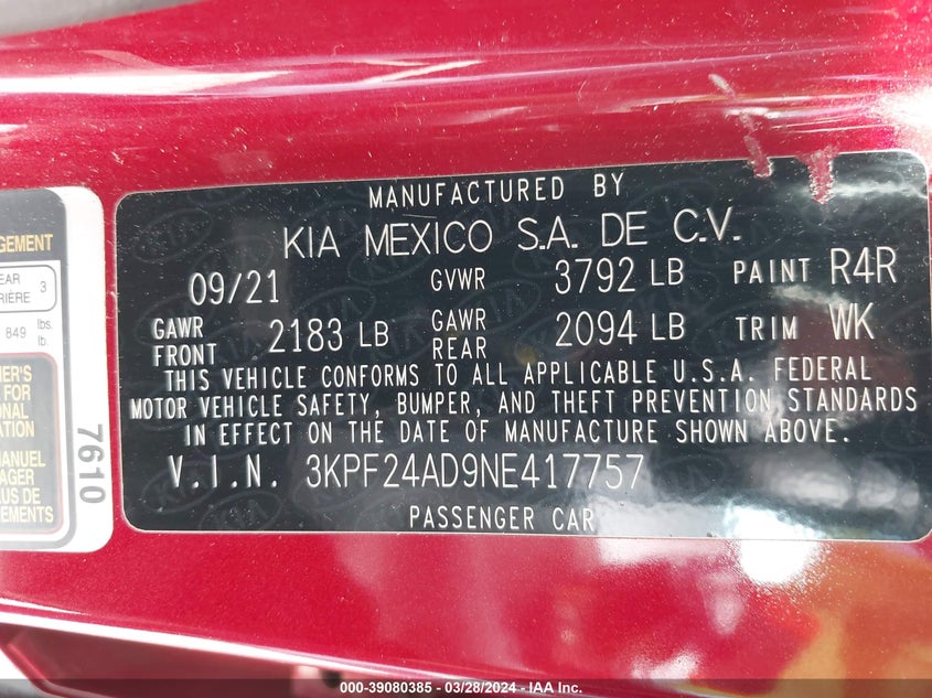 2022 KIA FORTE 2.0L I4   N(VIN: 3KPF24AD9NE417757