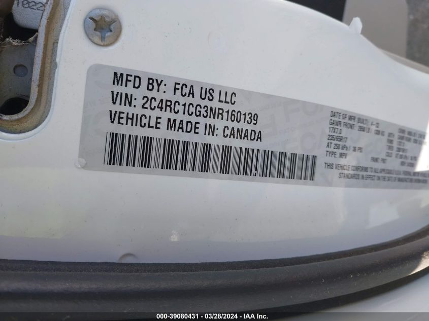 2022 Chrysler Voyager Lx VIN: 2C4RC1CG3NR160139 Lot: 39080431