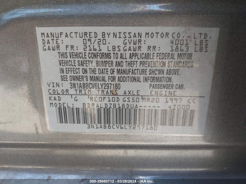2020 NISSAN SENTRA VIN: 3N1AB8CV6LY297180