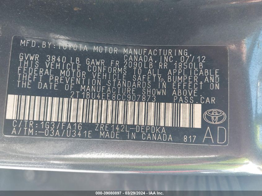 2T1BU4EE8CC907873 | 2012 TOYOTA COROLLA