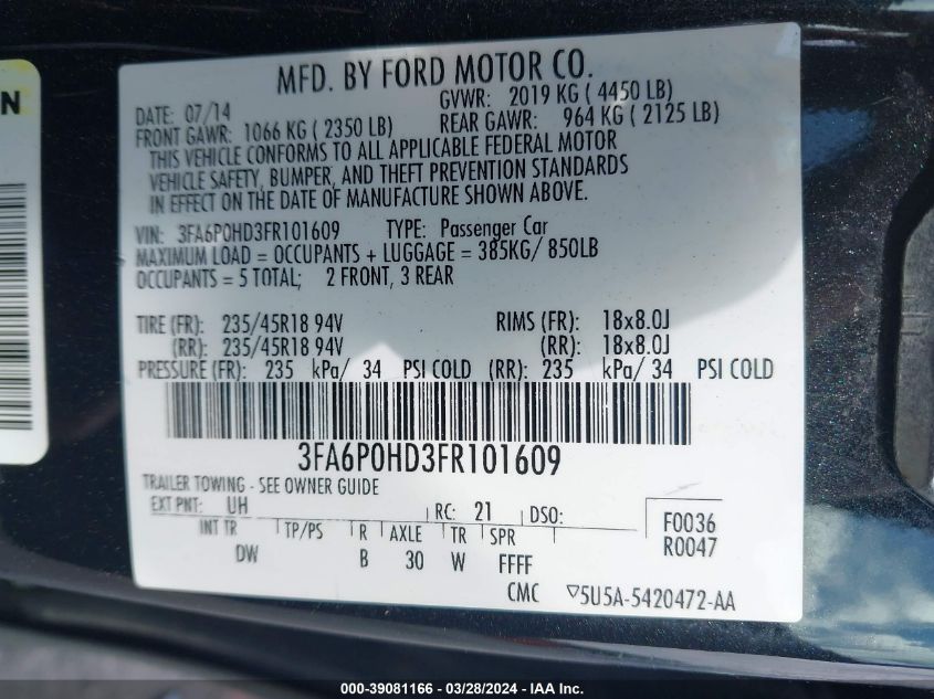 3FA6P0HD3FR101609 | 2015 FORD FUSION