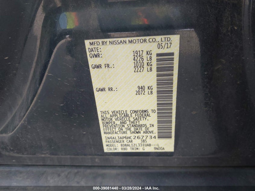 VIN 1N4AL3AP6HC267734 2017 NISSAN ALTIMA 2.5 SV