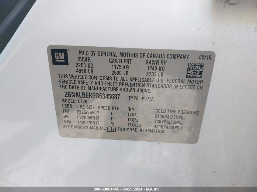 2GNALBEK6G6345687 2016 Chevrolet Equinox Ls