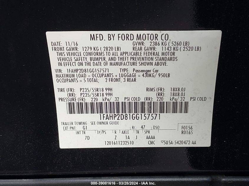 1FAHP2D81GG157571 | 2016 FORD TAURUS