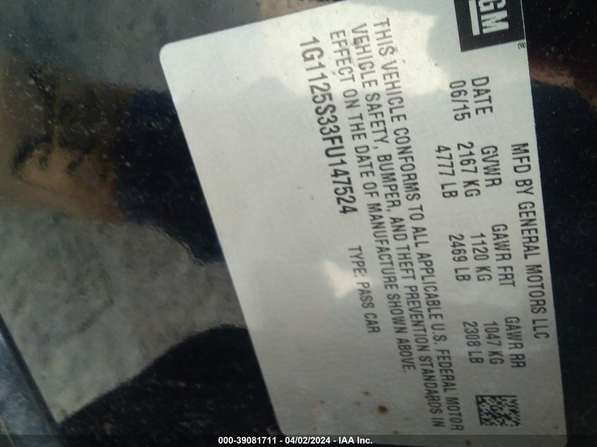 2015 CHEVROLET IMPALA LT - 1G1125S33FU147524