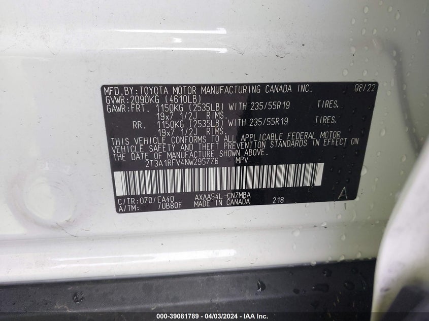 VIN 2T3A1RFV4NW295776 2022 TOYOTA RAV4 XLE PREMIUM