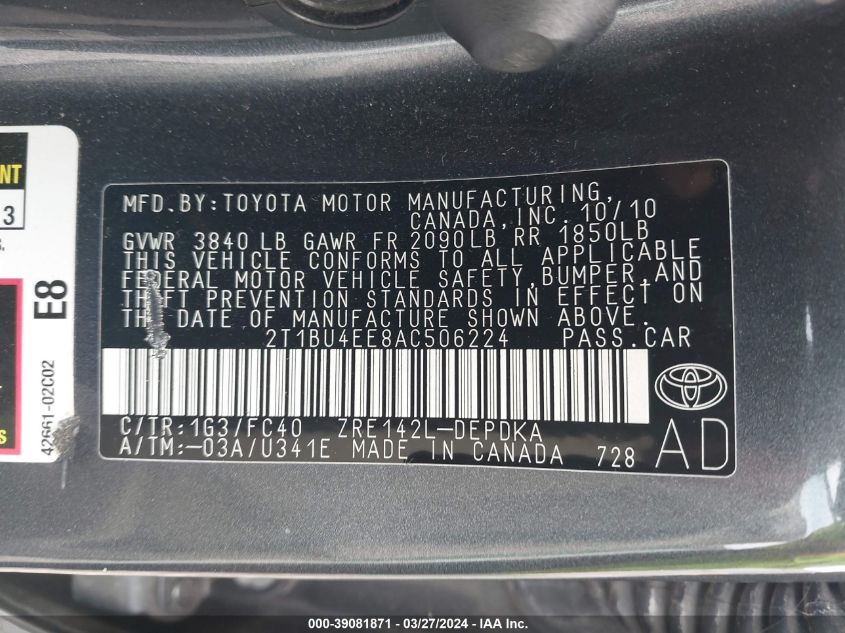 2T1BU4EE8AC506224 | 2010 TOYOTA COROLLA