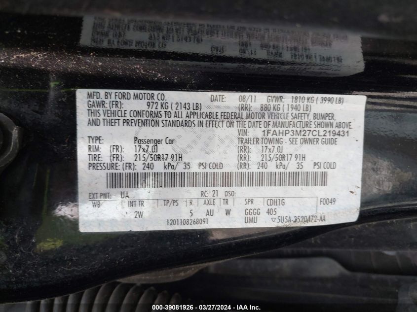 2012 FORD FOCUS VIN: 1FAHP3M27CL219431