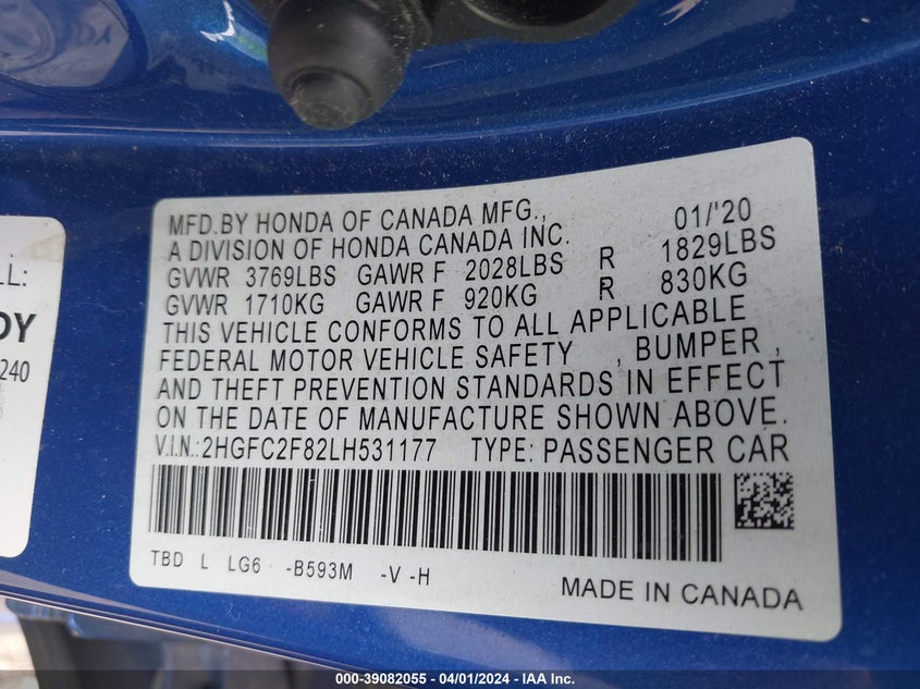 2020 HONDA CIVIC SPORT - 2HGFC2F82LH531177