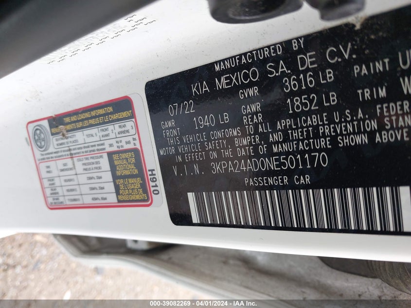 VIN 3KPA24AD0NE501170 2022 KIA RIO S