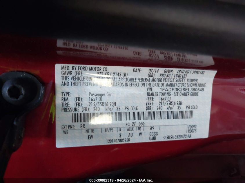 2014 Ford Focus Se VIN: 1FADP3K28EL360545 Lot: 39082319