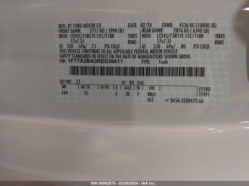 2024 FORD F-250 6.8L V-8 VVT, 405HP(VIN: 1FT7X2BA3RED36611