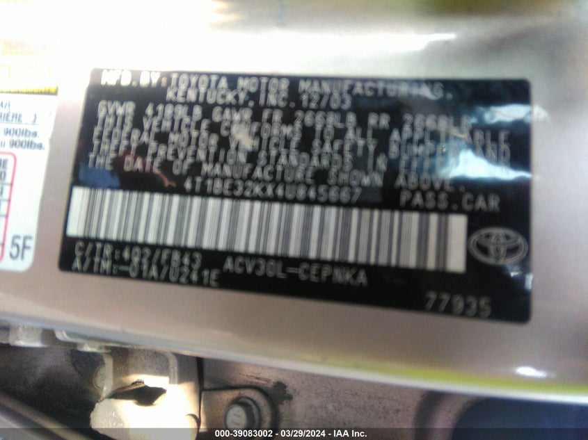 2004 Toyota Camry Le VIN: 4T1BE32KX4U845667 Lot: 39083002