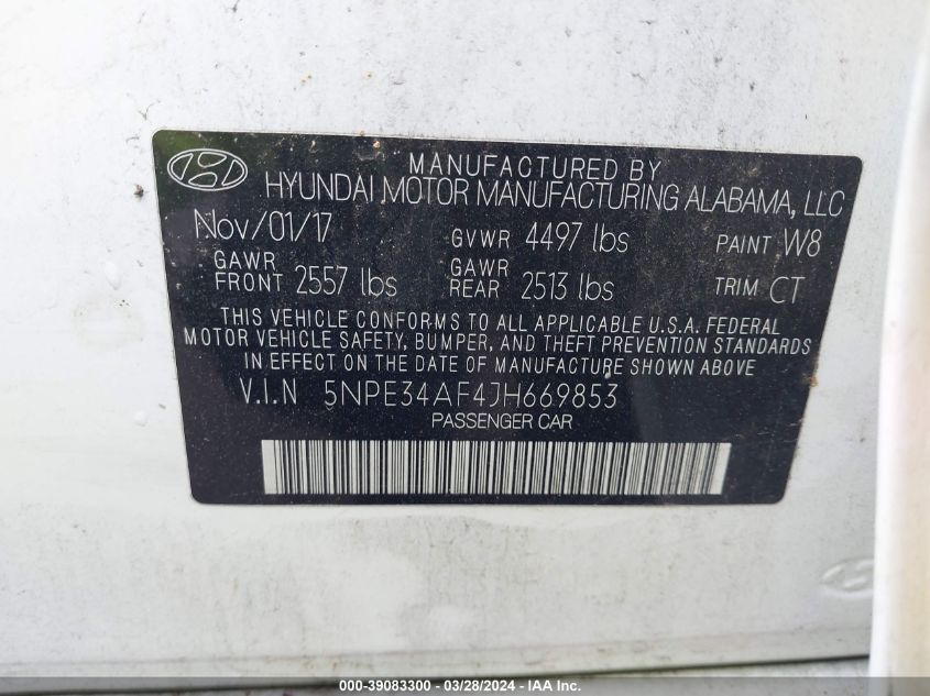 5NPE34AF4JH669853 | 2018 HYUNDAI SONATA