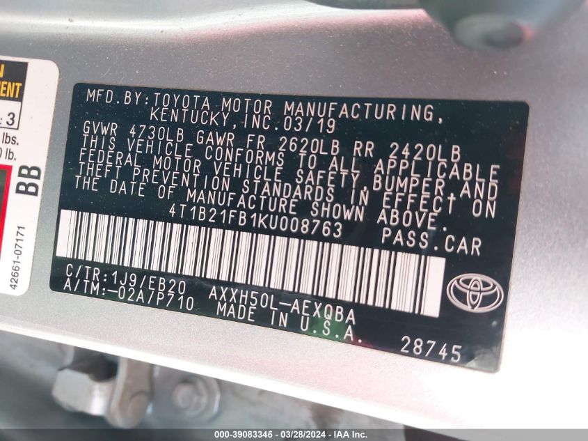 4T1B21FB1KU008763 2019 Toyota Avalon Hybrid Xse