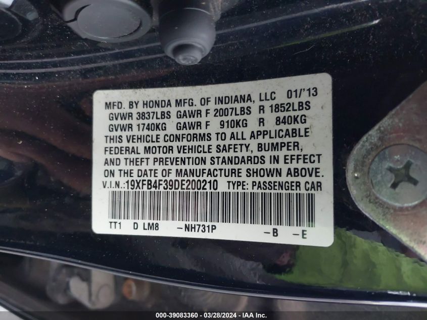 19XFB4F39DE200210 | 2013 HONDA CIVIC HYBRID