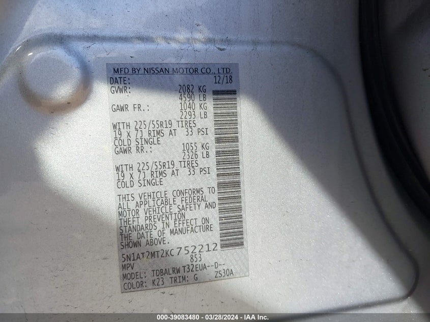 VIN 5N1AT2MT2KC752212 2019 NISSAN ROGUE SL