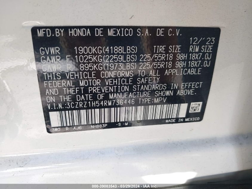 2024 Honda Hr-V 2Wd Sport/2Wd Sport W/O Bsi VIN: 3CZRZ1H54RM736446 Lot: 39083543