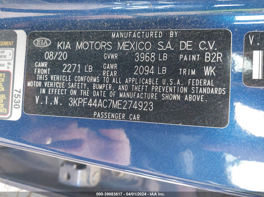 2021 KIA FORTE 1.6L I-4 DI, DOHC, V(VIN: 3KPF44AC7ME274923