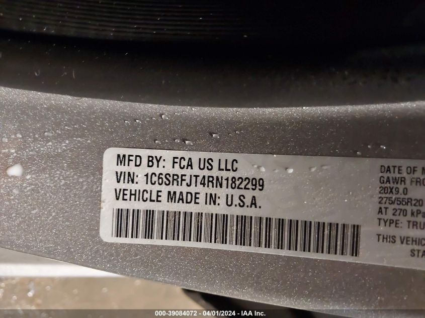 2024 Ram 1500 Laramie 4X4 5'7 Box VIN: 1C6SRFJT4RN182299 Lot: 39084072