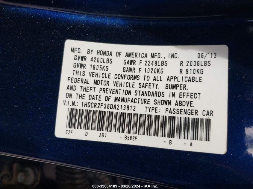 1HGCR2F36DA213813 | 2013 HONDA ACCORD