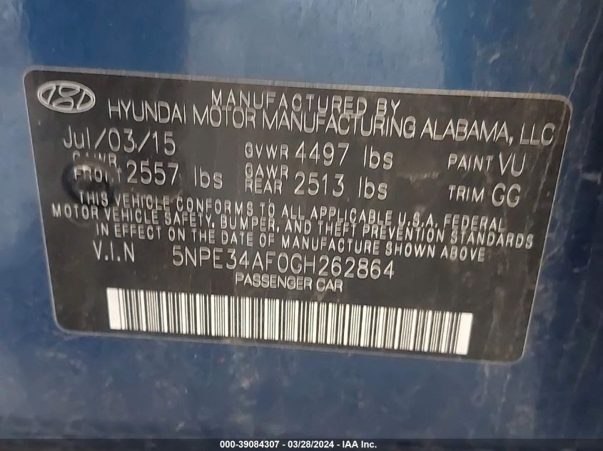 5NPE34AF0GH262864 | 2016 HYUNDAI SONATA