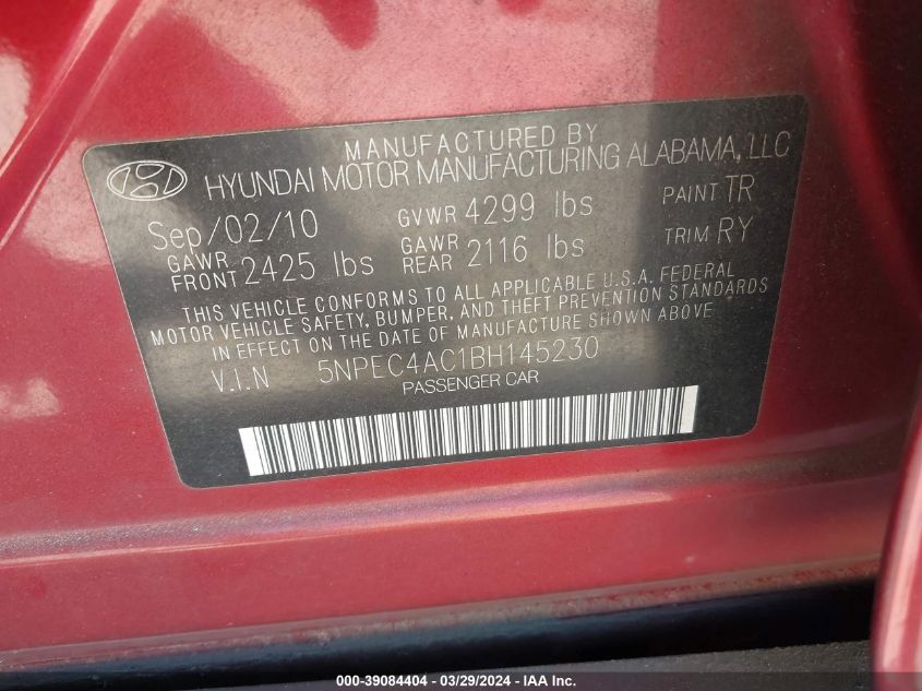 2011 Hyundai Sonata Se VIN: 5NPEC4AC1BH145230 Lot: 39084404