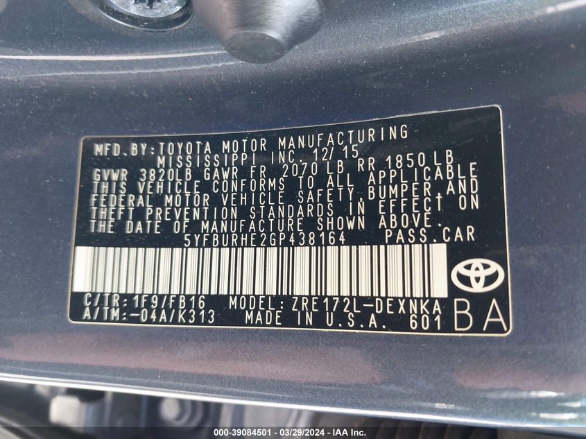 2016 TOYOTA COROLLA LE - 5YFBURHE2GP438164