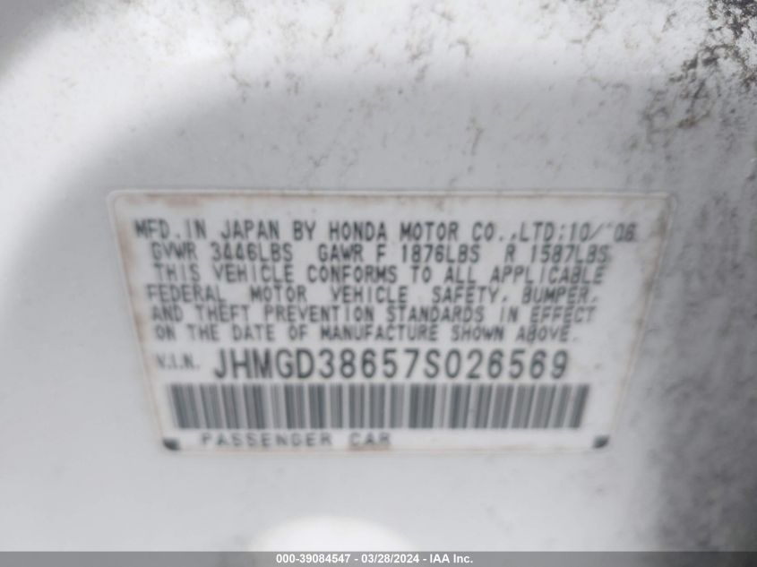 JHMGD38657S026569 | 2007 HONDA FIT