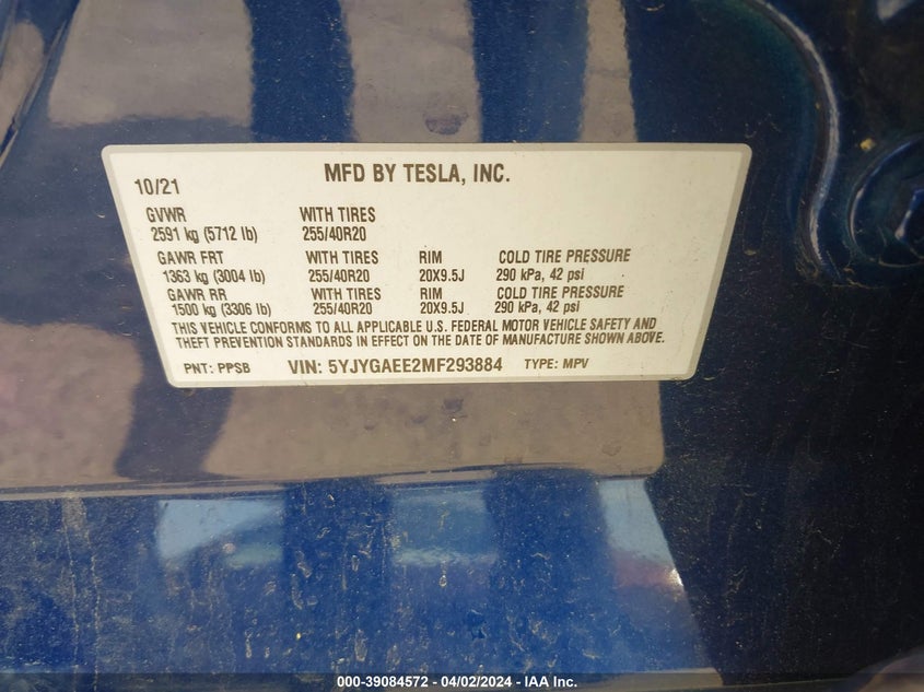 2021 TESLA MODEL Y U   U(VIN: 5YJYGAEE2MF293884