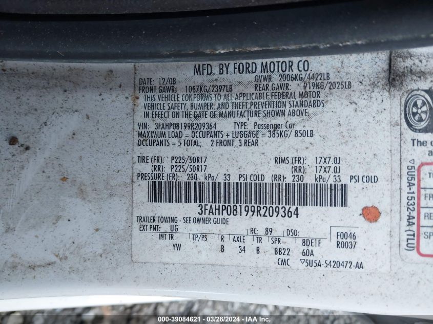 3FAHP08199R209364 | 2009 FORD FUSION